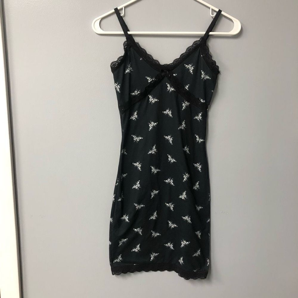 H&M black ribbed lace trimmed butterfly print dress y2k style cami slip dress si